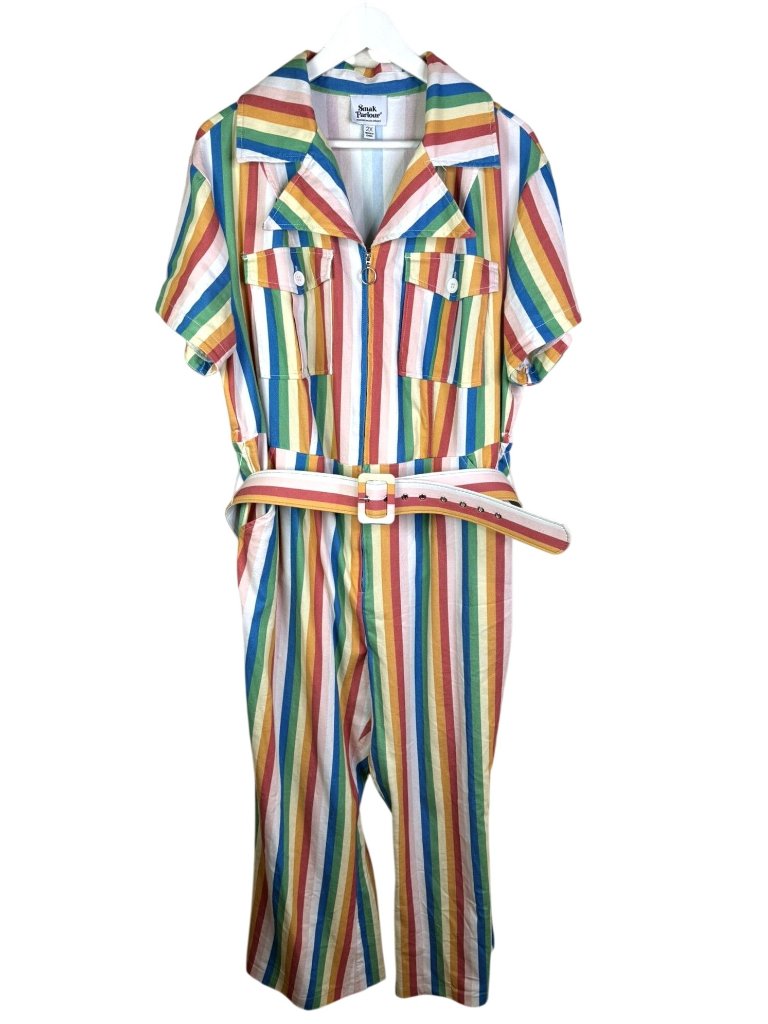 Smak Parlour Rainbow Striped Flare Cut Belted Jumpsuit, Size 2x